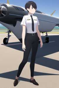 girl, very short hair, pilot uniform, white shirt, short sleeves, necktie, long black pants, standing, aircraft, full view s-3464669455.png

